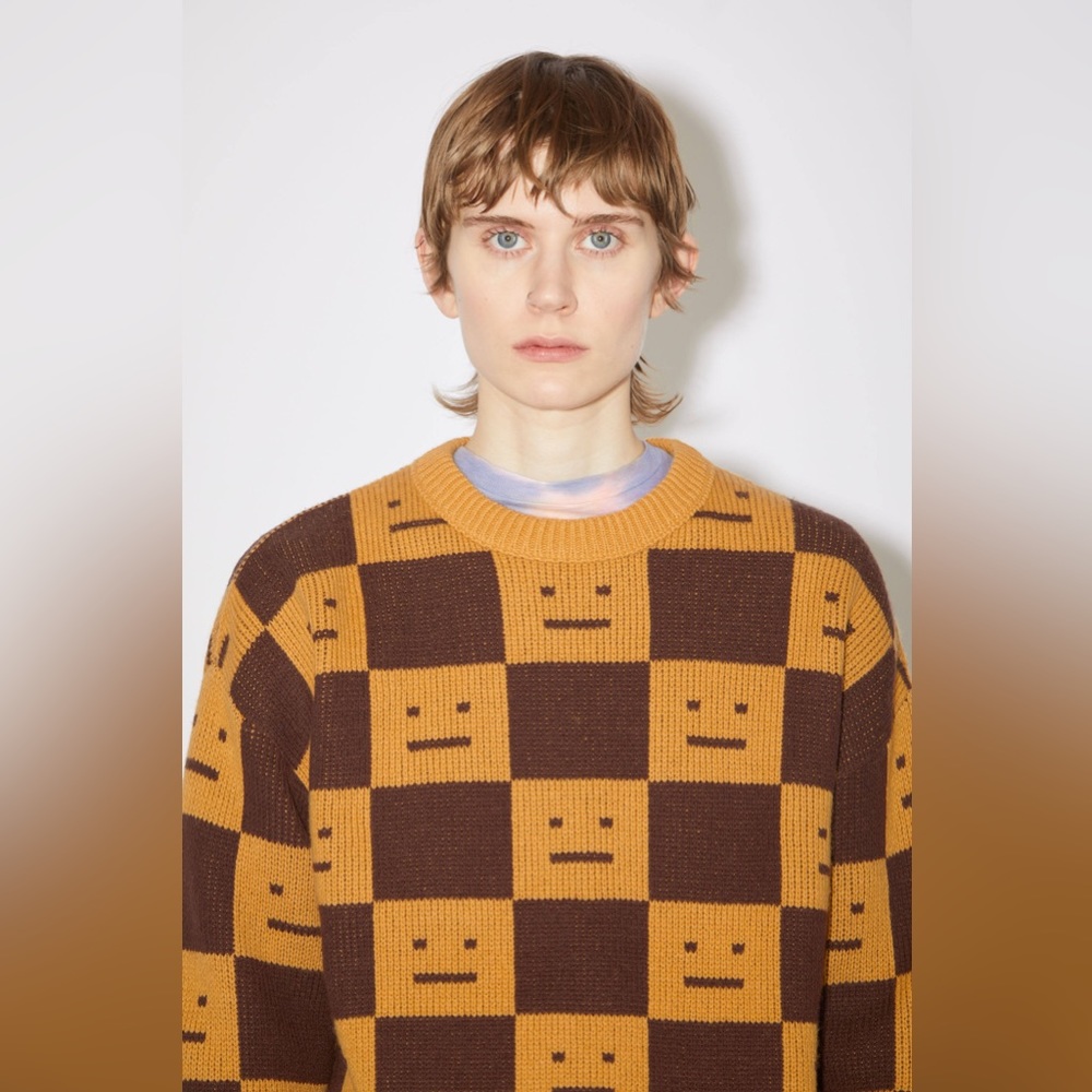🍁☃️ACNE STUDIOS Women's Face Jacquard Wool Sweater Ochre Orange Coffee Brown - Picture 3 of 14